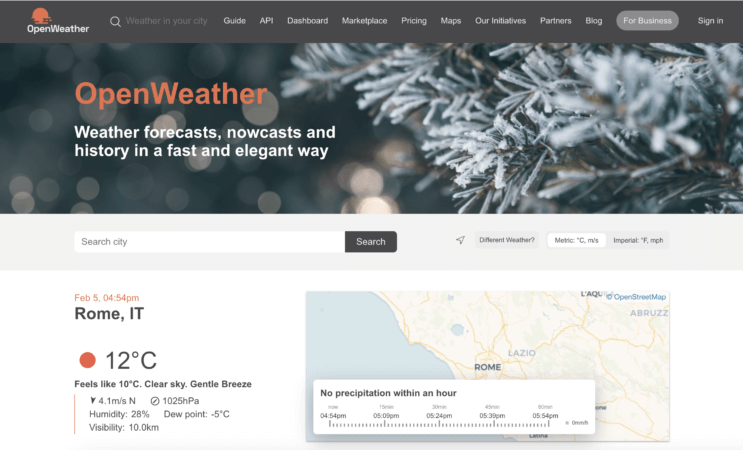 Il portale di OpenWeather per ottenere informazioni meteo con Axios