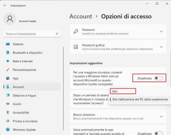 Impostazione accesso automatico