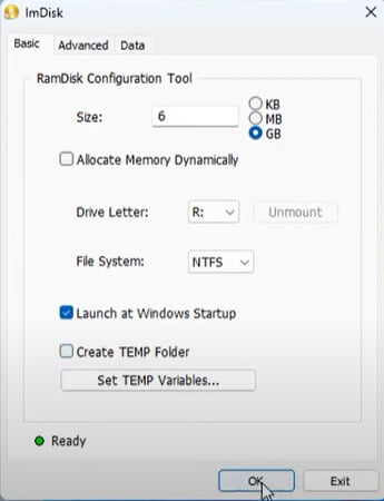 Crea una nuova unità disco virtuale in RAM