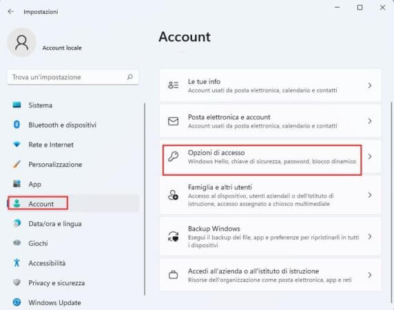 Opzioni di accesso di Windows