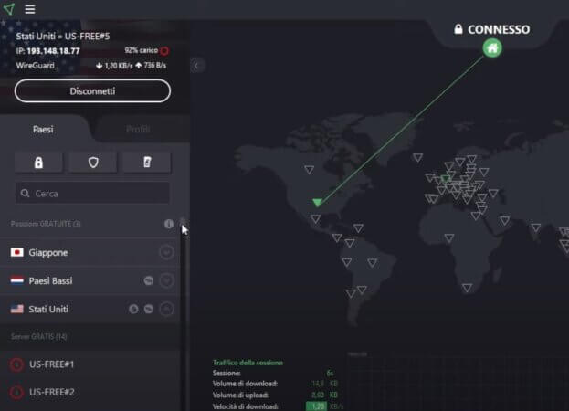 Connessione avvenuta con successo a un server VPN dislocato neli USA