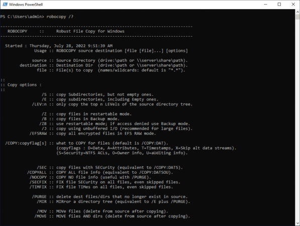 opzioni disponibili per il comando robocopy