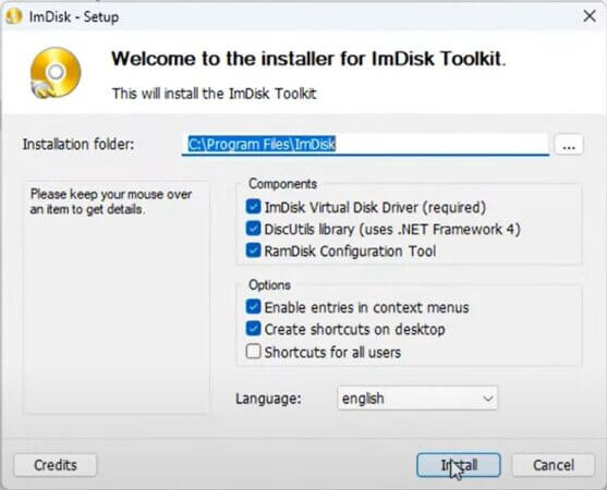 instalación terminada de imdisk toolkit