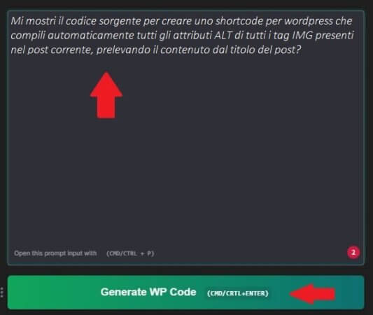 Fai la tua prima richiesta per la generazione del codice sorgente per un sito web