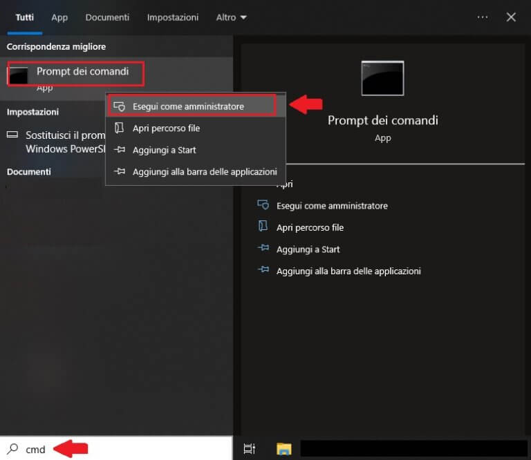 Apri command prompt da amministratore