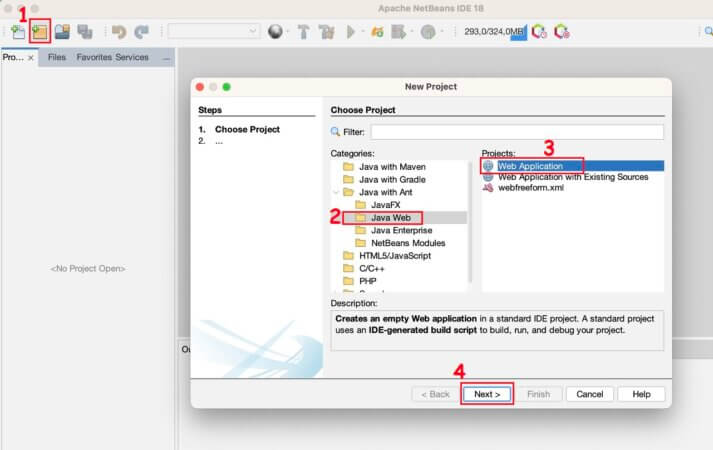 Crea un nuovo progetto web in Netbeans