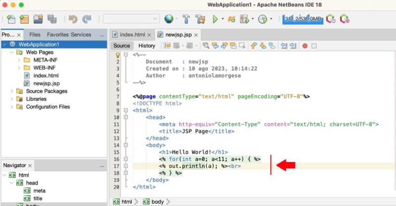 Inserisci il codice Java nella pagina JSP