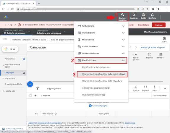 Accedi a strumento di pianificazione parole chiave su Google ADS