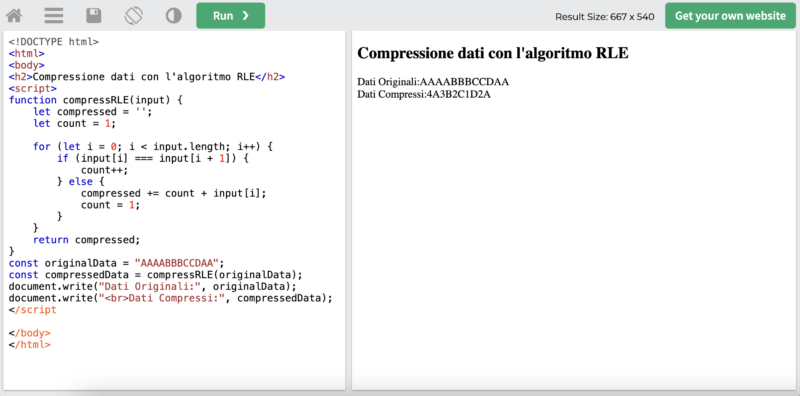 compressione dati con algoritmo RLE in action