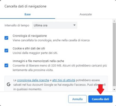 per confermare la cancellazione della cache dei dati clicca sul pulsante "Cancella dati"