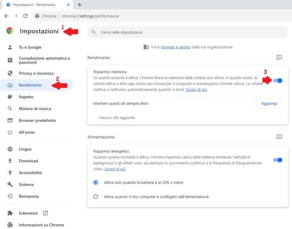 Imposta risparmio memoria per velocizzare ulteriormente google chrome