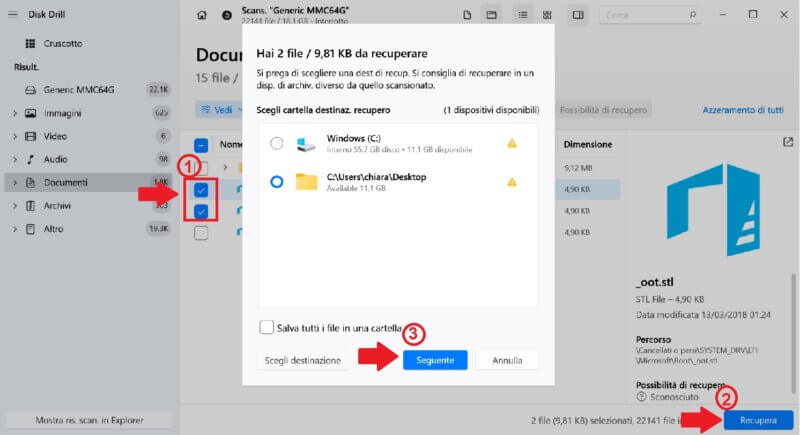 Disk Drill - Il miglior tool windows 10: Scegli la destinazione di recupero dei file