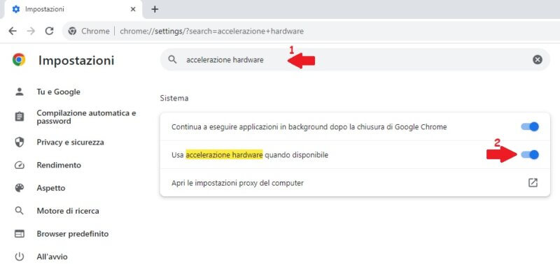 Usa accelerazione hardware per velocizzare google chrome