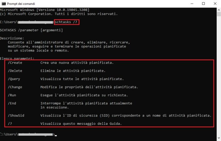 parametri del comando schtasks di Windows