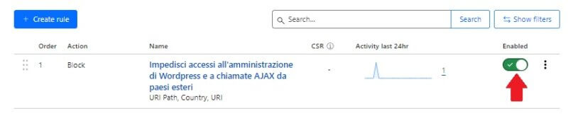 abilita regola WAF su cloudflare