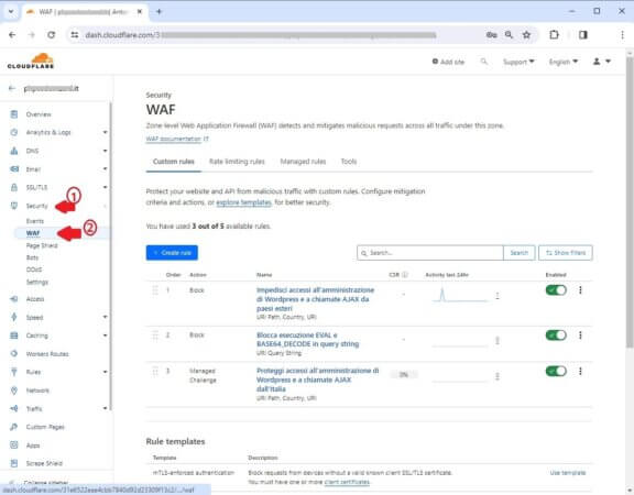 Accedi alla funzionalità  WAF di Cloudflare