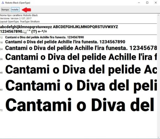 Installazione del font scaricato