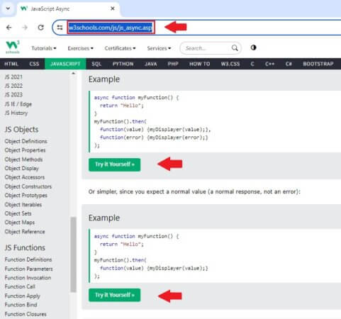 Come provare il codice javascript asincrono sul portale W3Schools