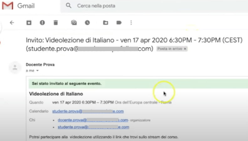 Facsimile email spedita da calendar agli alunni